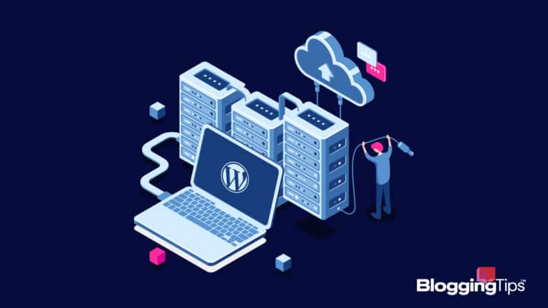 vector graphic showing an illustration of a man working on a server that has a WordPress logo on it to illustrate managed WordPress hosting