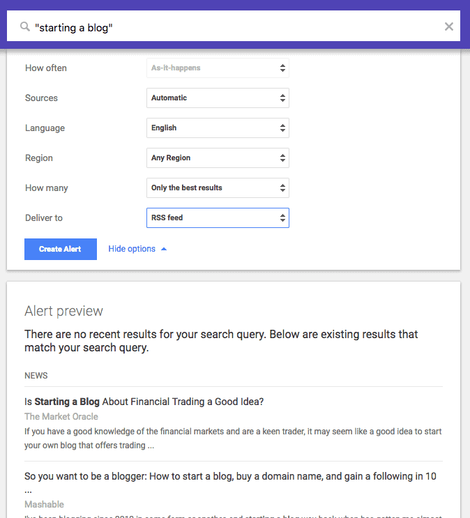 image showing the steps on how to set up a google alert
