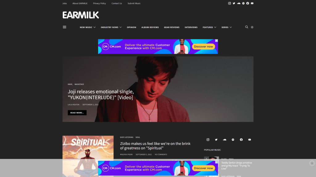 Screenshot of the Earmilk homepage