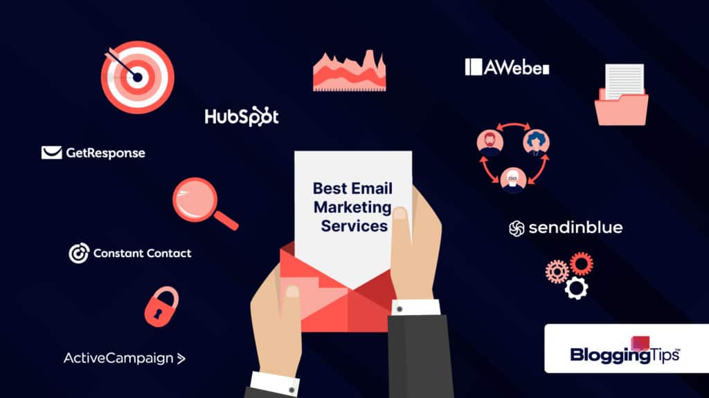 vector graphic showing a hand holding an envelope and surrounded by logos from the best email marketing services