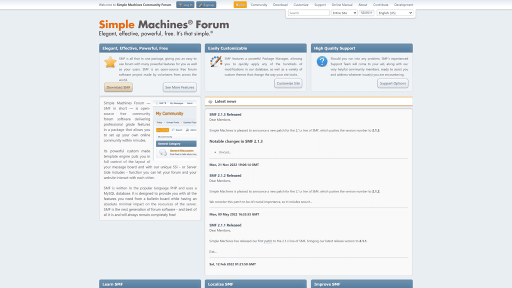 screenshot of the simple machines forum homepage
