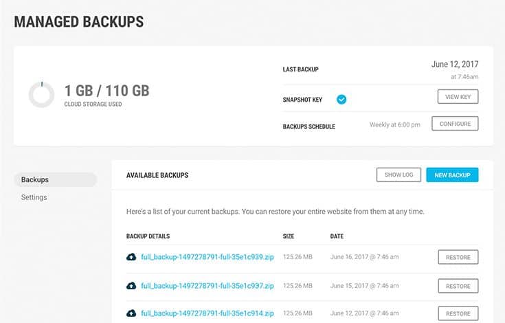 screenshot of the managed backups screen