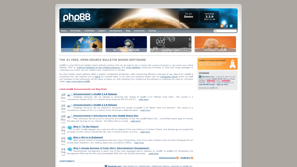 screenshot of the phpBB homepage