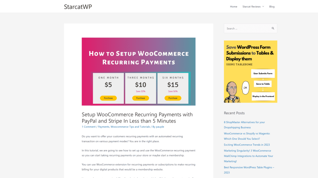 A screenshot of the woocommercerecurringpayments homepage