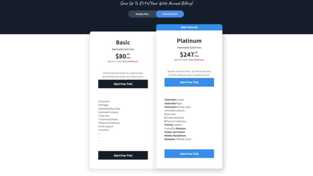 screenshot of the clickfunnels pricing plans