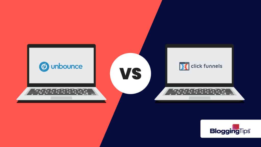 vector graphic illustrating the unbounce vs clickfunnels battle with both company logos side by side, displayed on laptop screens