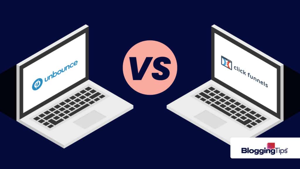 vector graphic illustrating the unbounce vs clickfunnels battle with both company logos side by side, displayed on laptop screens