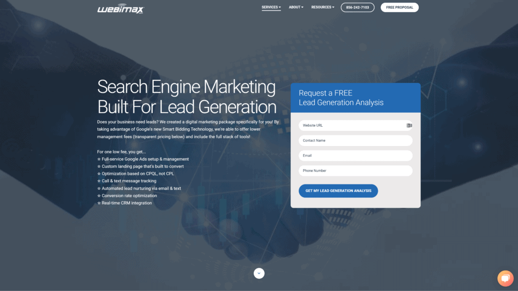 screenshot of the webimax lead generation landing page