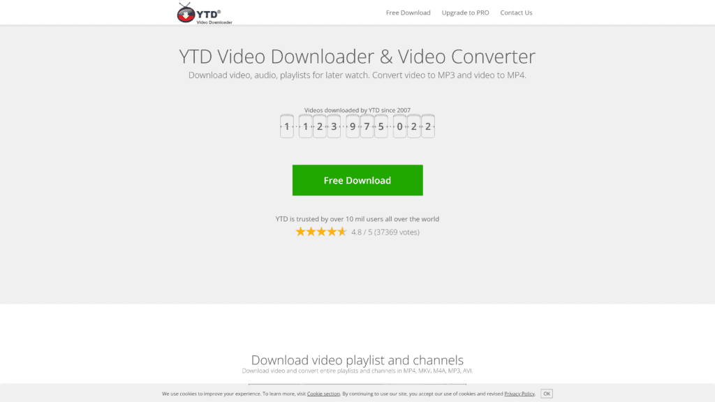 screenshot of the ytd video downloader homepage