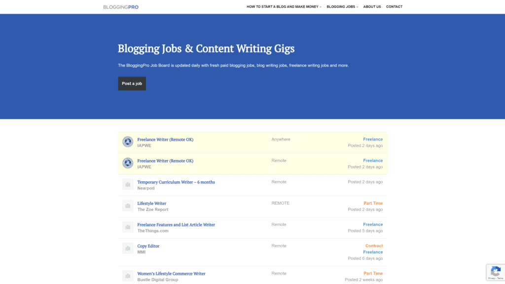 screenshot of the blogging pro homepage