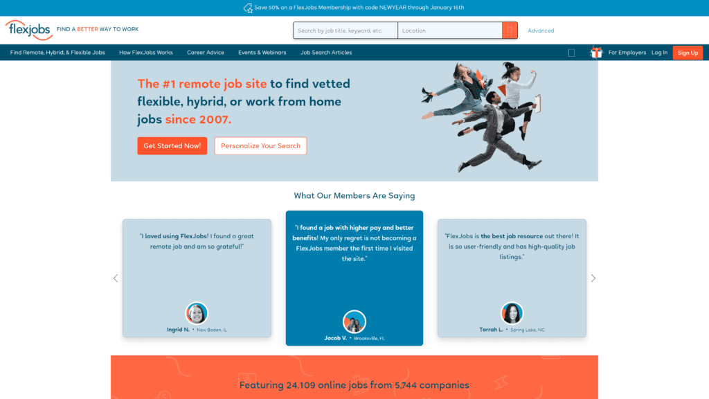 screenshot of the flexjobs homepage