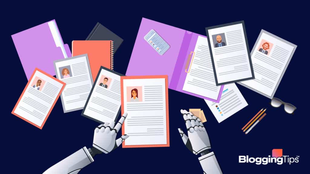 vector graphic showing people holding papers that show ai recruiting software logos on them
