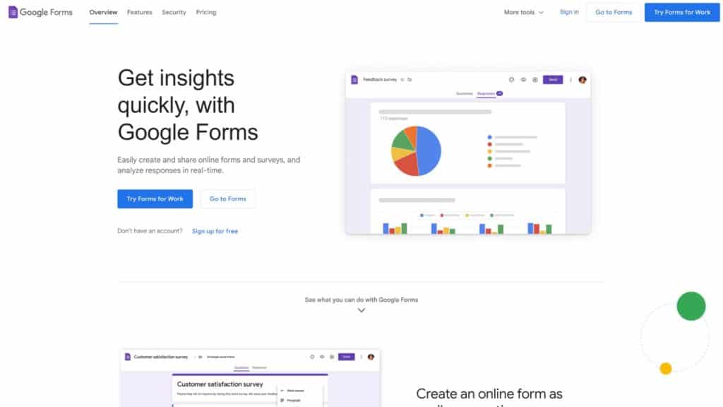 screenshot of the google forms homepage