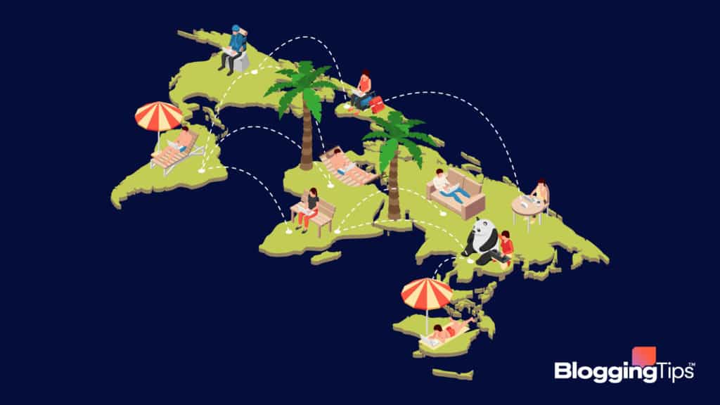 vector graphic showing digital nomads working on their work from around the world - header image for how to become a digital nomad post