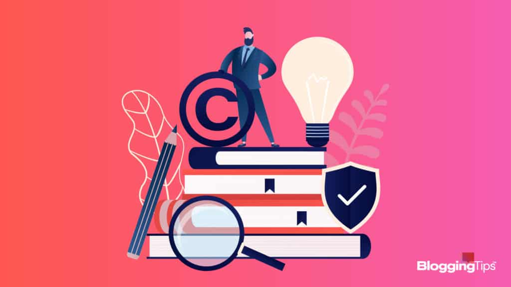 vector graphic showing an illustration of a man standing on books for the header of how to copyright a name post