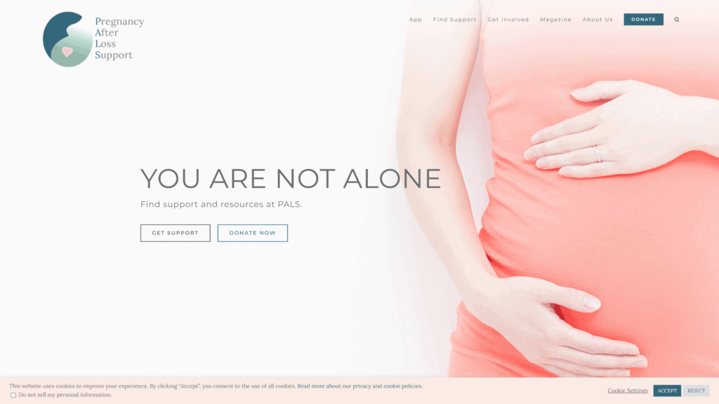 screenshot of the pregnancylossaftersupport.org homepage
