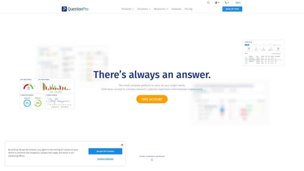 screenshot of the questionpro homepage