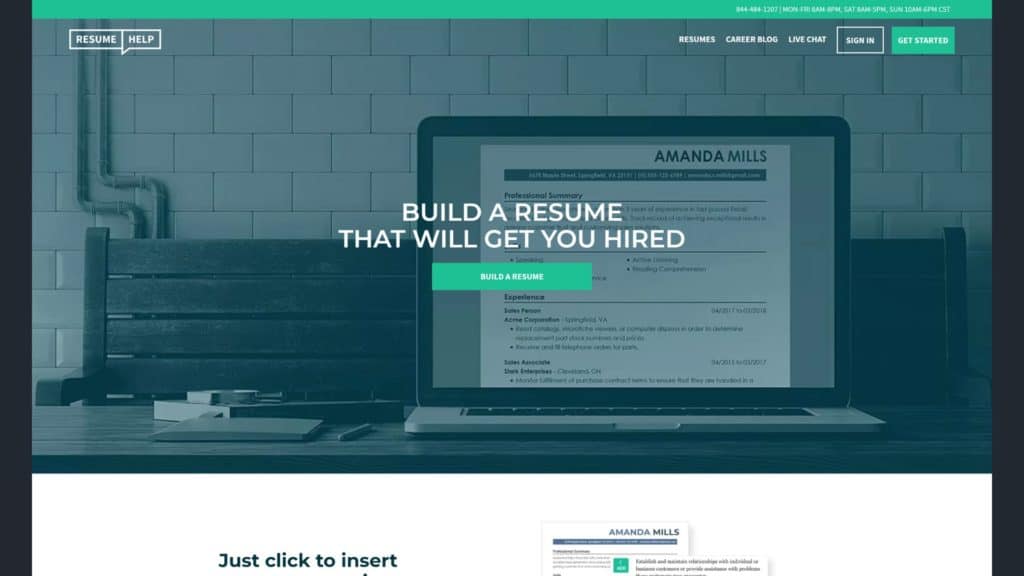 screenshot of the resumehelp homepage