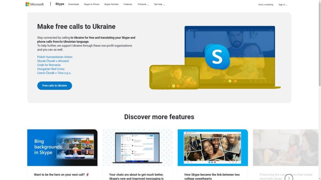 screenshot of the skype homepage