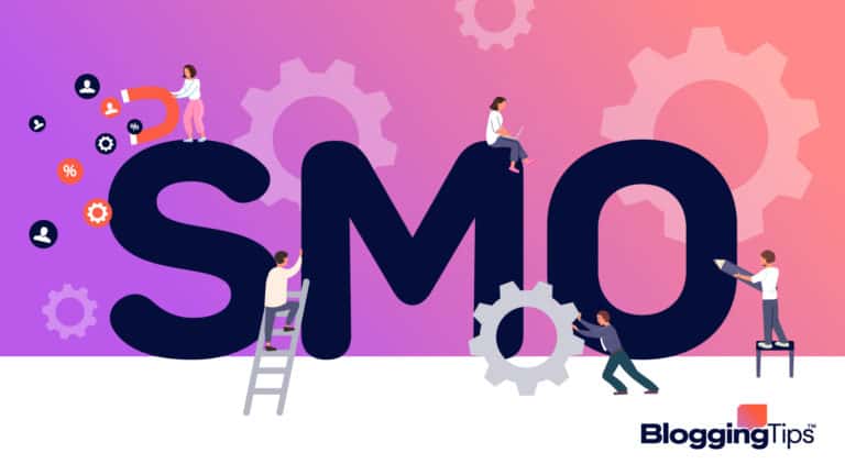 vector graphic showing an illustration of the SMO meaning - SMO text surrounded by people building elements onto it