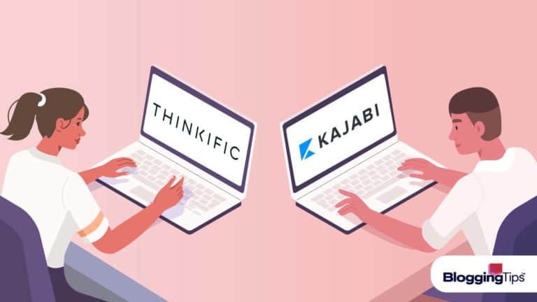 vector graphic showing thinkific vs kajabi - two laptops sitting side by side with the thinkific logo on one and the teachable logo on the other