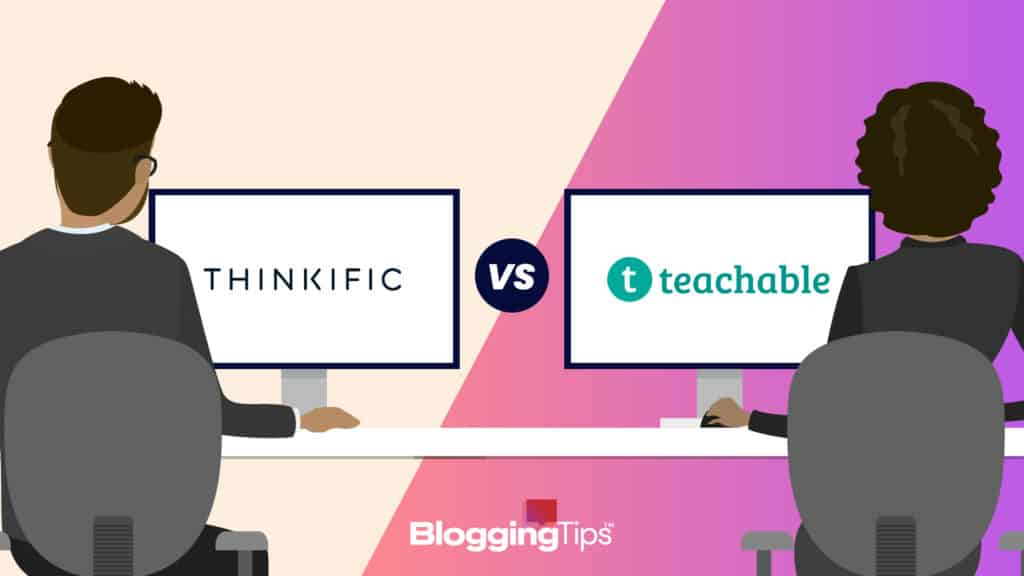 vector graphic showing thinkific vs teachable - two laptops sitting side by side with the thinkific logo on one and the teachable logo on the other
