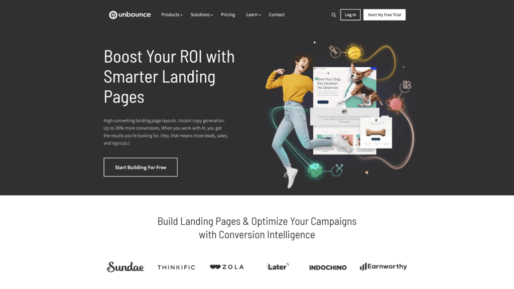 a screenshot of the unbounce homepage