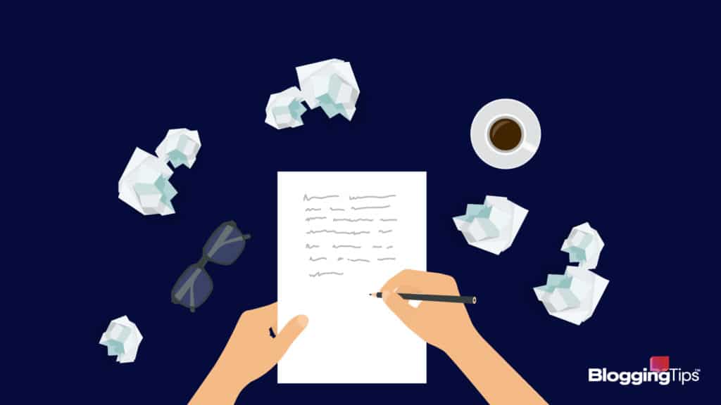 vector graphic showing a hand holding a piece of paper and another hand writing on it, with crumpled papers on the side for the what to write header image