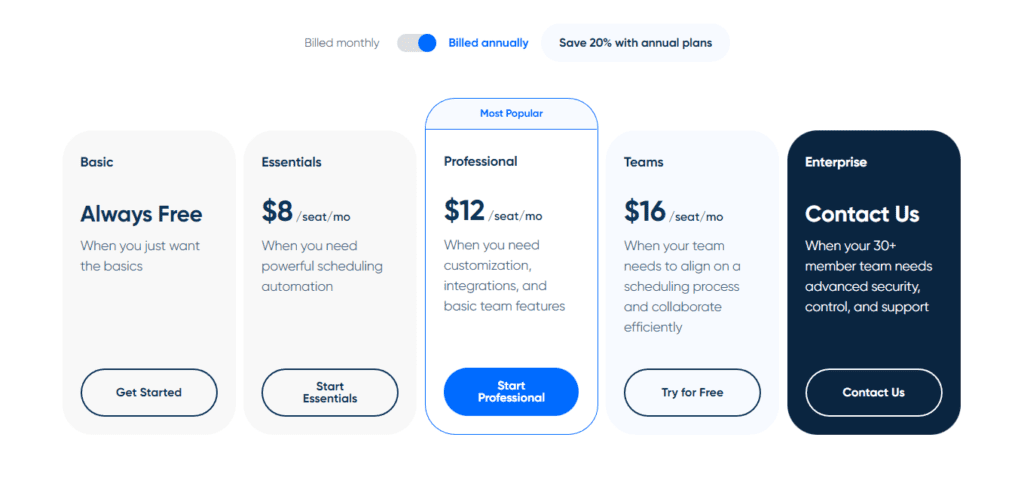 screenshot of the Calendly pricing table
