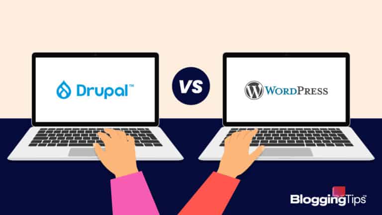 vector graphic showing a graphic representation of drupal vs wordpress - two laptops side by side with each company's logo on one of them