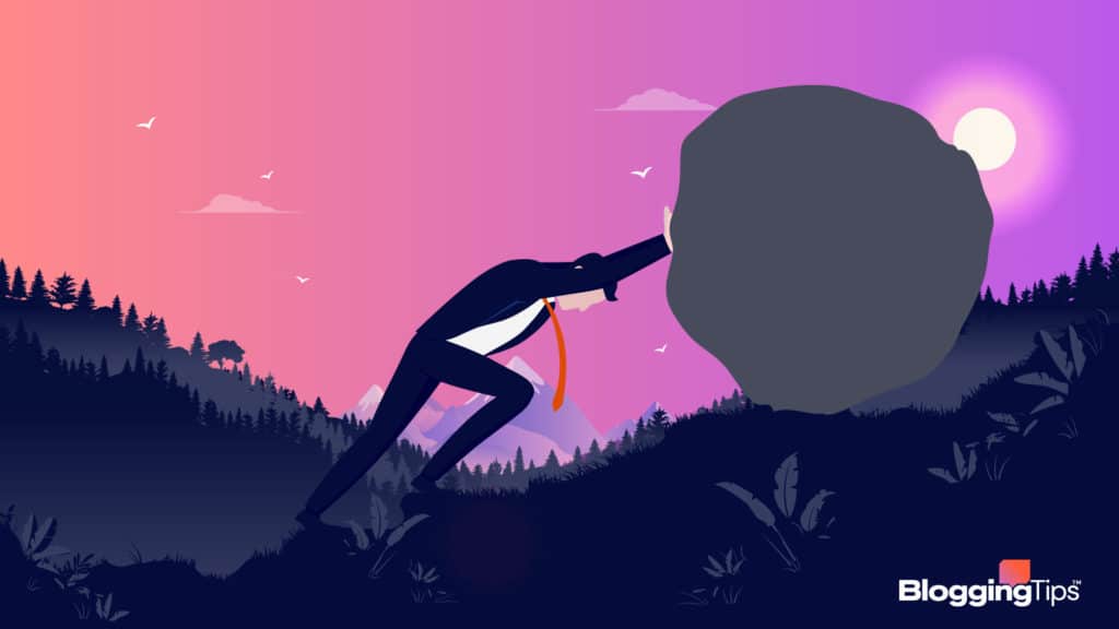 illustration of a man pushing a boulder up a hill to illustrate hard work and dedication