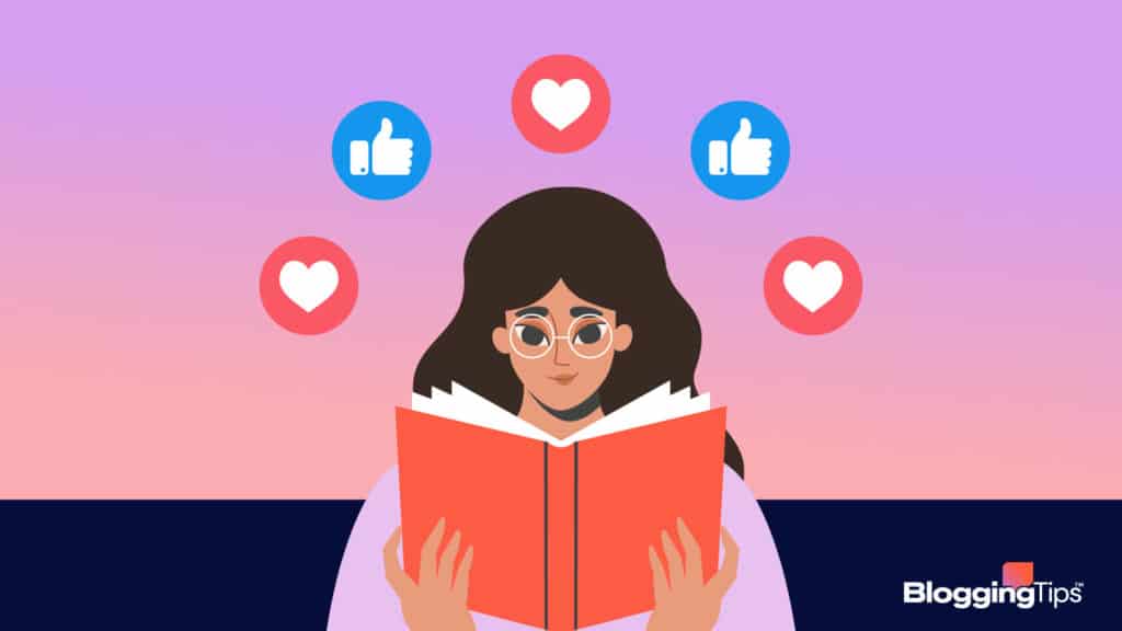 vector graphic showing a person reading a book and social media icons above it to indicate user engagement and reader engagement
