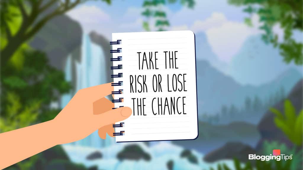 vector graphic showing a hand holding a piece of paper that says "take the risk or lose the chance"