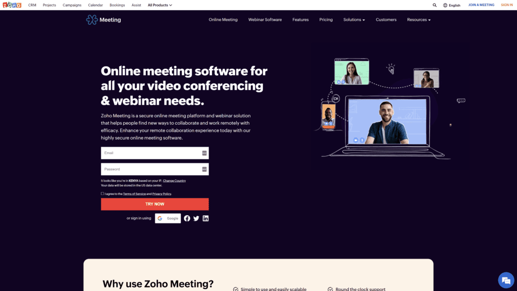 zoho.com meeting homepage screenshot 1