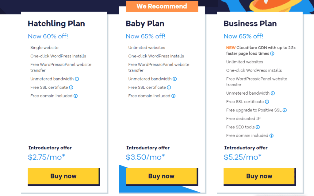 screenshot of the hostgator pricing table