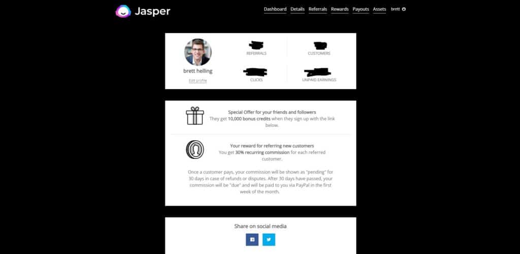 screenshot showing the jasper ai affiliate program referral dashboard