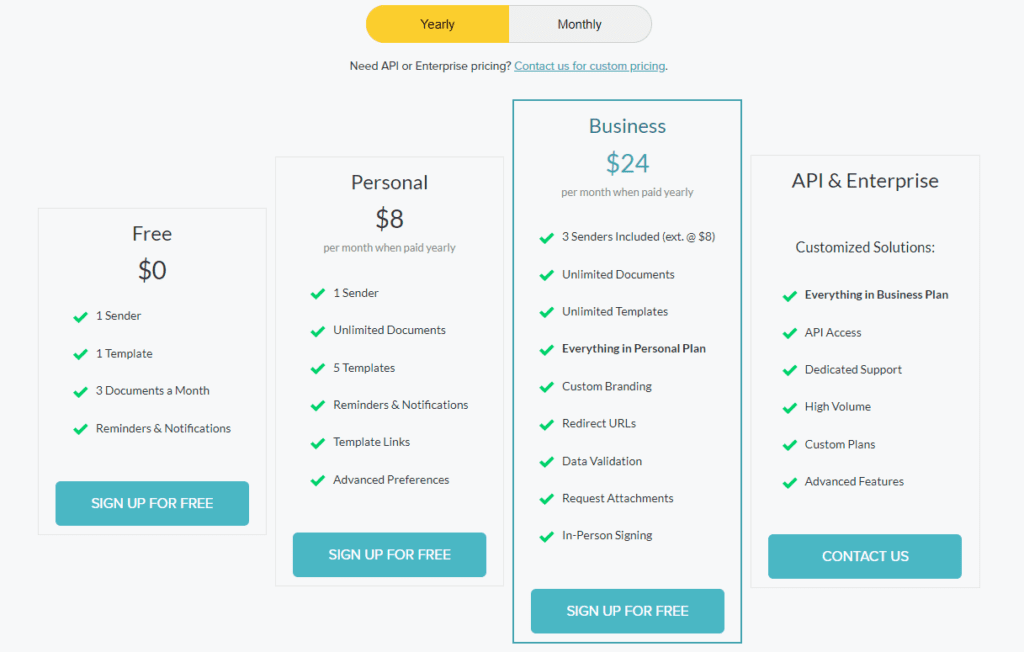 screenshot of the signwell pricing table