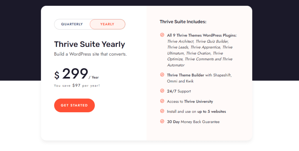 screenshot of the thrive themes pricing table