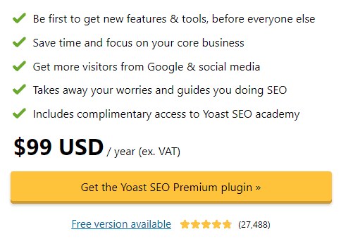 screenshot of the yoast pricing table
