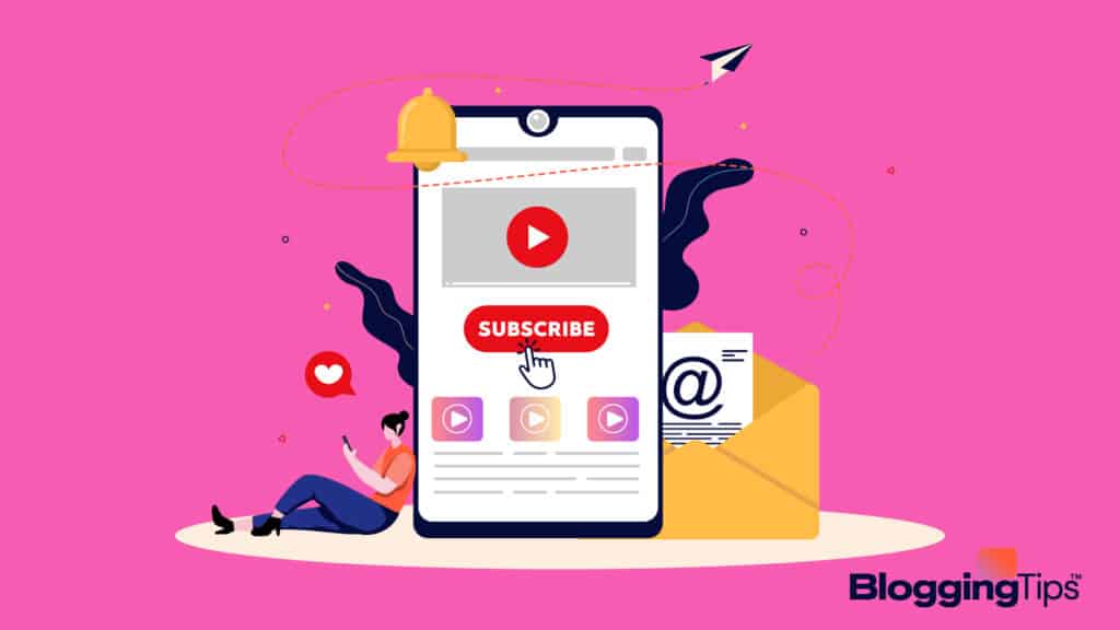illustration showing a hand holding a mobile phone with a youtube subscribe button popping out of it