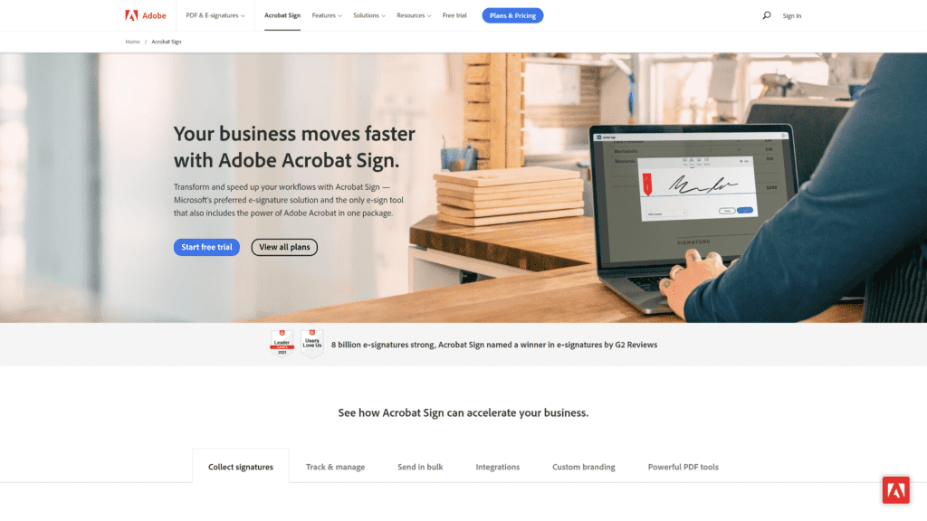 Adobe Sign homepage screenshot 1