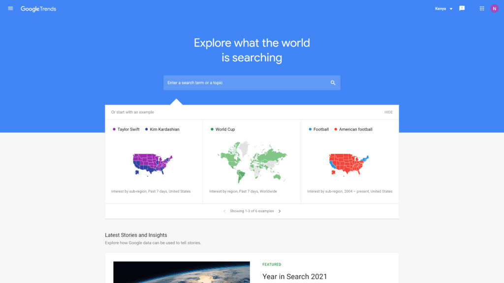 screenshot of the google trends homepage