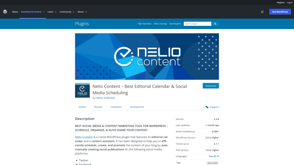 screenshot of the nelio content plugin homepage