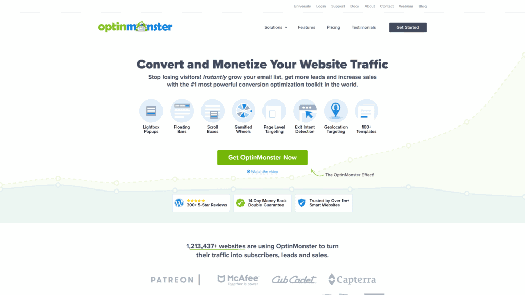 screenshot of the optinmonster homepage