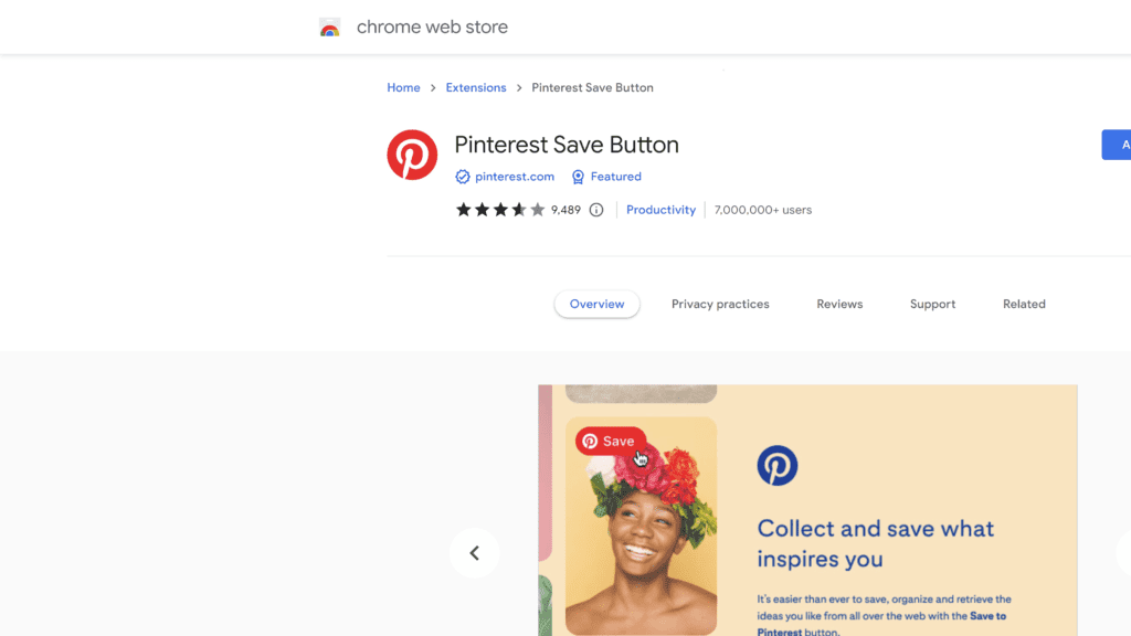 screenshot of the pinterest save button homepage