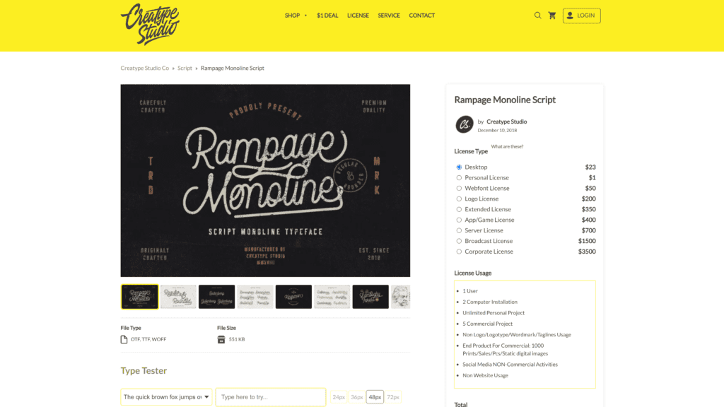 screenshot of the rampage monoline homepage