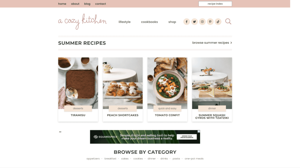 screenshot of the cozy kitchen homepage