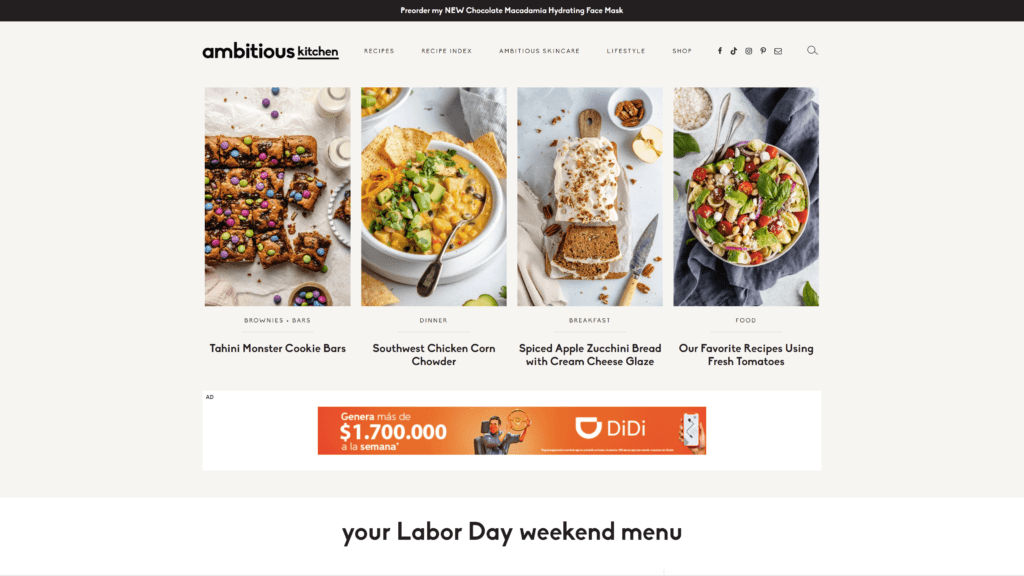 A screenshot of the ambitious kitchen Homepage