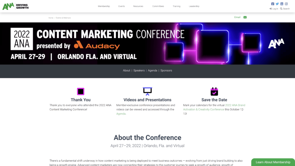 A screenshot of the ANA content marketing conference homepage