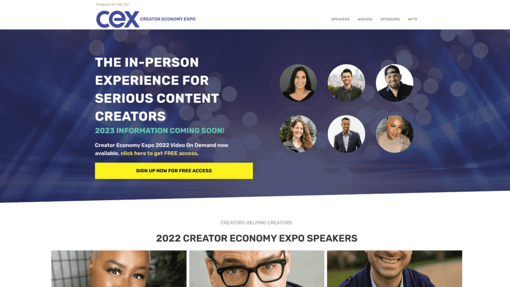 A screenshot of the creator economy expo homepage